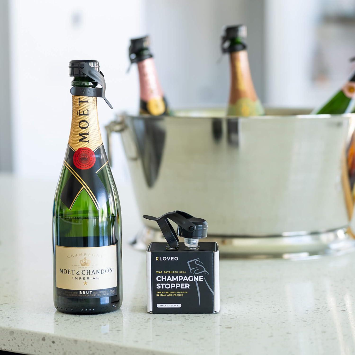 imageChampagne Stoppers by Kloveo  Patented Seal  Made in Italy  Professional Grade WAF Champagne Bottle Stopper  Prosecco Cava and Sparkling Wine Stopper  Chrome 2PackBlack