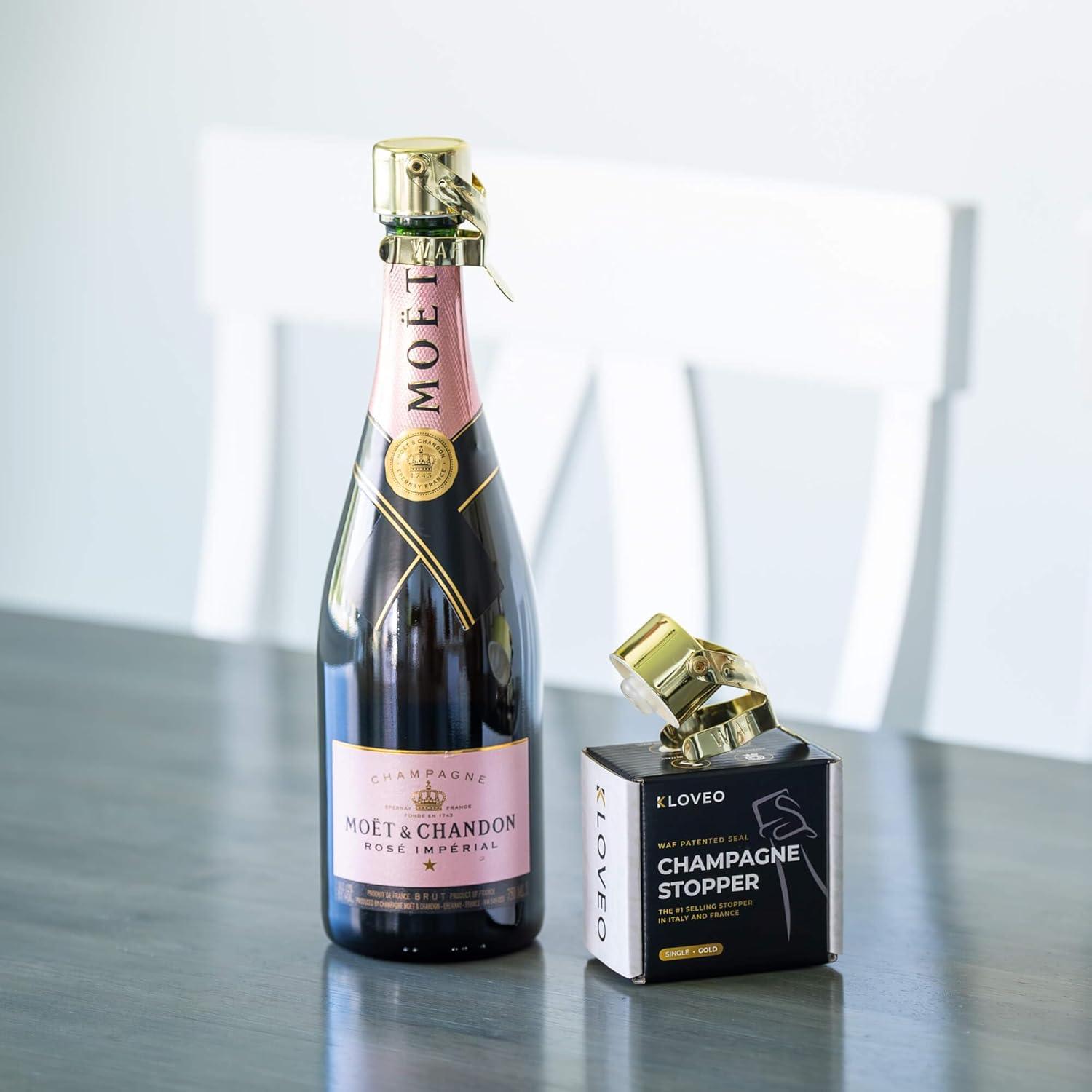 imageChampagne Stoppers by Kloveo  Patented Seal  Made in Italy  Professional Grade WAF Champagne Bottle Stopper  Prosecco Cava and Sparkling Wine Stopper  Chrome 2PackGold