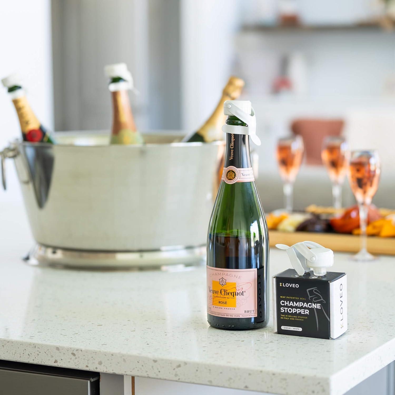 imageChampagne Stoppers by Kloveo  Patented Seal  Made in Italy  Professional Grade WAF Champagne Bottle Stopper  Prosecco Cava and Sparkling Wine Stopper  Chrome 2PackWhite