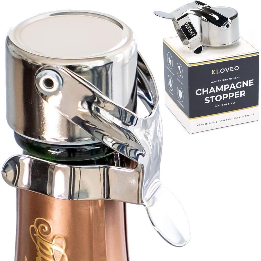 imageChampagne Stoppers by Kloveo  Patented Seal  Made in Italy  Professional Grade WAF Champagne Bottle Stopper  Prosecco Cava and Sparkling Wine Stopper  Chrome 2PackChrome