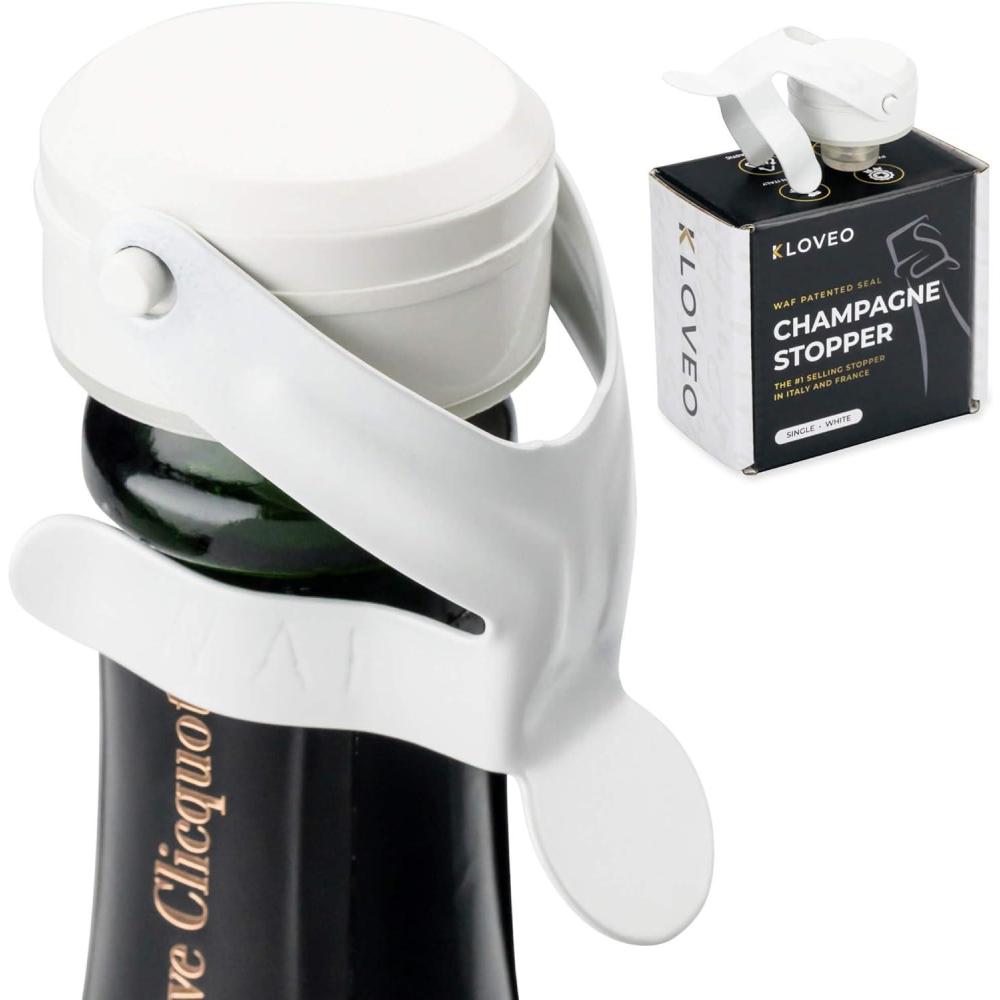 imageChampagne Stoppers by Kloveo  Patented Seal  Made in Italy  Professional Grade WAF Champagne Bottle Stopper  Prosecco Cava and Sparkling Wine Stopper  Chrome 2PackWhite