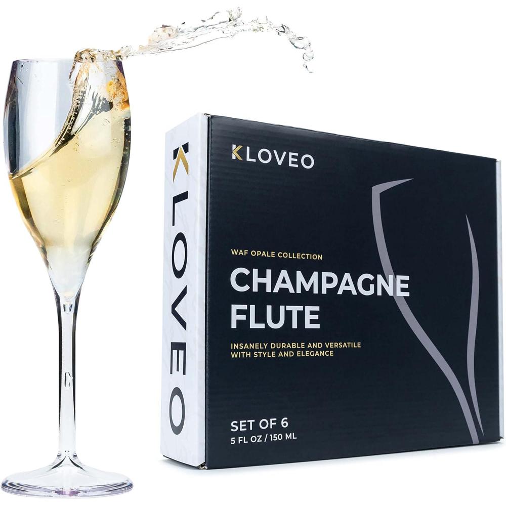 imageKLOVEO Plastic Champagne Flutes  Set of 6  Made in Italy  Insanely Durable and Versatile Plastic Champagne Glasses  Reusable Dishwasher Safe Mimosa Glasses White Wine  5 oz ClearClear